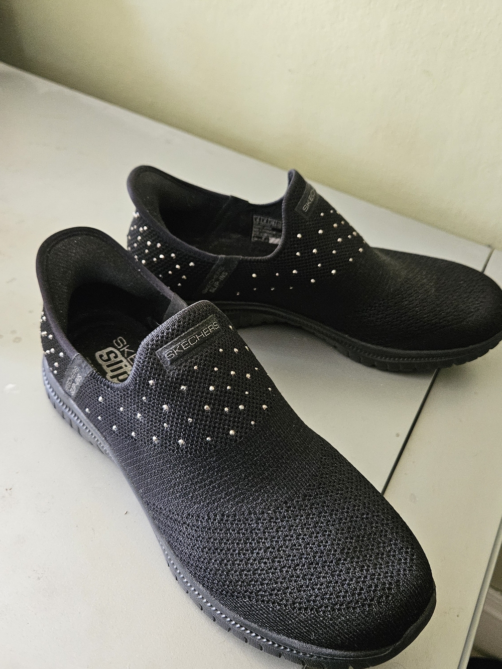Skechers Black Slip-On Knit Sneakers with Silver Studs